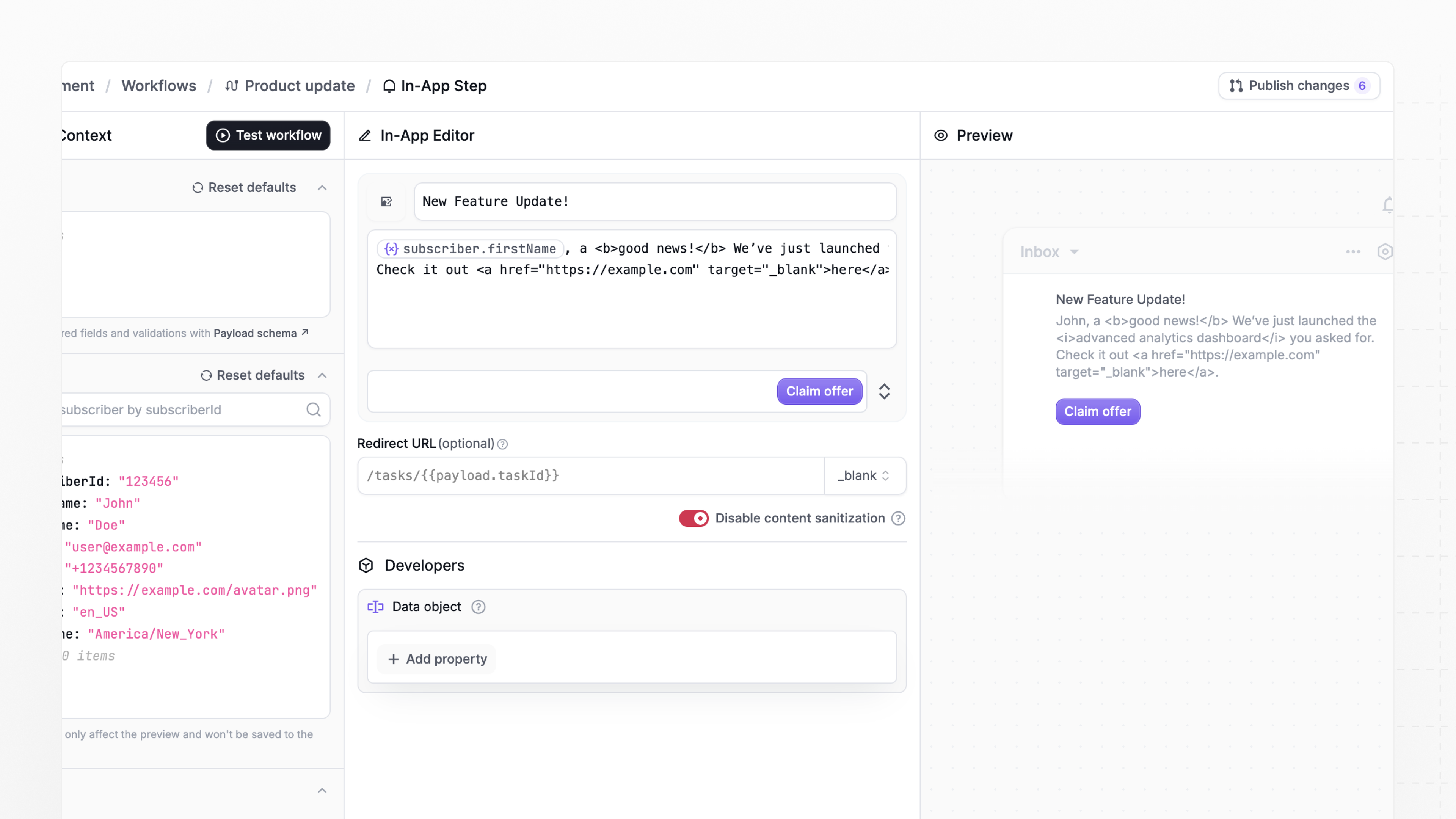 Disable content sanitization in the Novu in-app step editor