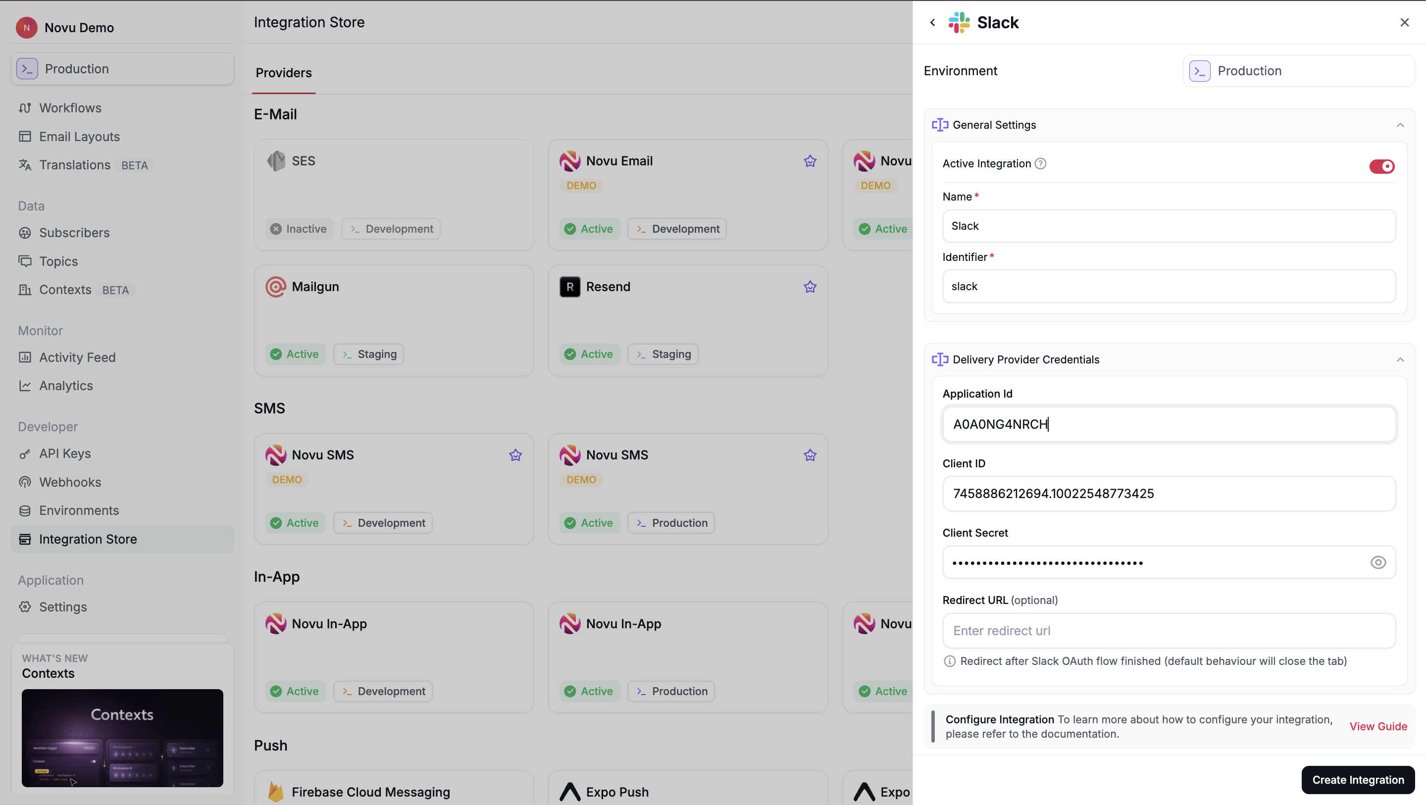 Connect slack integration in Novu
